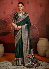 Green Velvet Tusser Silk  Ajrakh Saree-INRA2001